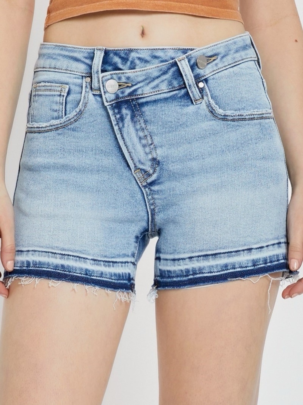 Light Blue Denim High-Rise Frayed Hem Women's Shorts